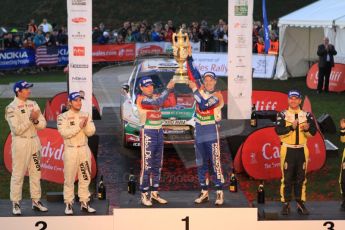 © North One Sport Ltd 2011 / Octane Photographic Ltd 2011. 13th November 2011 Wales Rally GB, Podium. The 3 top crews - Jari-Matti Latvala and Miikka Antilla, Mads Ostberg and Jonas Ansersson and in 3rd Henning Solberg and Ilka Minor. Digital Ref : 0201cb7d9096