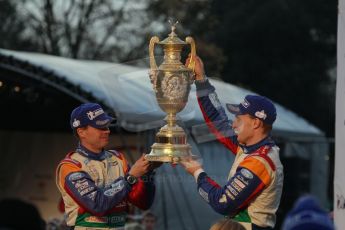 © North One Sport Ltd 2011 / Octane Photographic Ltd 2011. 13th November 2011 Wales Rally GB, Podium. Rally winners Jari-Matti Latvala and Miikka Antilla hoist the enormous winners trophy. Digital Ref : 0201lw7d0887