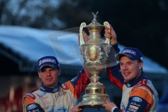 © North One Sport Ltd 2011 / Octane Photographic Ltd 2011. 13th November 2011 Wales Rally GB, Podium. Rally winners Jari-Matti Latvala and Miikka Antilla hoist the enormous winners trophy. Digital Ref : 0201lw7d0939