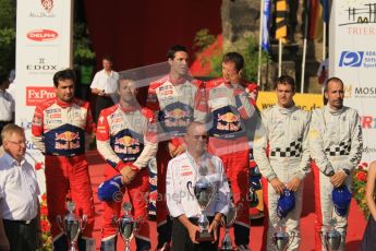 © North One Sport Ltd.2011/Octane Photographic Ltd. WRC Germany – Final Podium - Sunday 21st August 2011. Top 3 teams on the podium: Sebastien Ogier and Julien Ingrassia; Sebastien Loeb and Daniel Elena (Citroen) and Daniel Sordo and Carlos Corral (Mini). Digital Ref : 0153CB1D6458