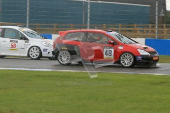 © Octane Photographic Ltd. BritCar Production Cup Championship race. 21st April 2012. Donington Park. Tim Saunders, Honda Civic Type R and Bob Stockley, Mid Life Crisis Racing, Clio.Digital Ref : 0300lw7d7246