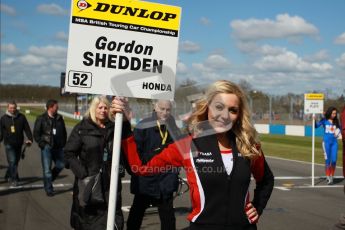 © Octane Photographic Ltd. BTCC - Round Two - Donington Park - Race 1. Sunday 15th April 2012. Gordon Shedden's grid girl awaiting his arrival on the grid. Digital ref : 0295lw1d7646