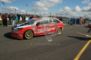 © Octane Photographic Ltd. BTCC - Round Two - Donington Park - Race 1. Sunday 15th April 2012. Liam Griffin arrives on grid in his Ford Focus. Digital ref : 0295lw1d7695