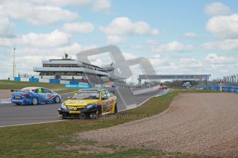 © Octane Photographic Ltd. BTCC - Round Two - Donington Park - Race 1. Sunday 15th April 2012. Chris James spins out on the exit through the Fogarty Esses. Digital ref : 0295lw1d7800