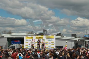 © Octane Photographic Ltd. BTCC - Round Two - Donington Park - Race 1. Sunday 15th April 2012. Mat Jackson, Matt Neal and Gordon Shedden on the podium. Digital ref : 0295lw1d8006