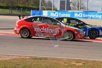 © Octane Photographic Ltd. BTCC - Round Two - Donington Park - Race 1. Sunday 15th April 2012. Jason Plato runs wide over the Esses chicane under pressure from Mat Jackson. Digital ref : 0295lw7d3569