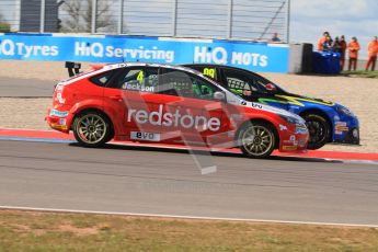 © Octane Photographic Ltd. BTCC - Round Two - Donington Park - Race 1. Sunday 15th April 2012. Jason Plato runs wide over the Esses chicane under pressure from Mat Jackson. Digital ref : 0295lw7d3570
