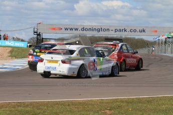 © Octane Photographic Ltd. BTCC - Round Two - Donington Park - Race 1. Sunday 15th April 2012. Rob Collard looking for a gap as Jason Plato and Mat Jackson battle onto the start/finish straight. Digital ref : 0295lw7d3578