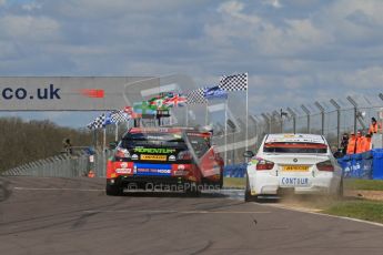 © Octane Photographic Ltd. BTCC - Round Two - Donington Park - Race 1. Sunday 15th April 2012. Rob Collard pushes too hard looking for a gap as Jason Plato and Mat Jackson battle onto the start/finish straight. Digital ref : 0295lw7d3585