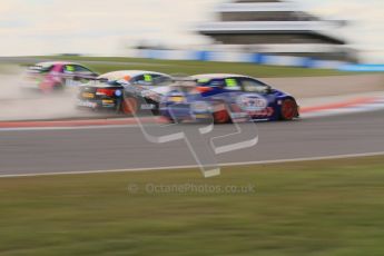 © Octane Photographic Ltd. BTCC - Round Two - Donington Park - Race 1. Sunday 15th April 2012. Tony Gilham and Adam Morgan run wide through the gravel as Jeff Smith holds his line through the Esses. Digital ref : 0295lw7d4043