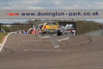 © Octane Photographic Ltd. BTCC - Round Two - Donington Park - Race 1. Sunday 15th April 2012. Race over and teh cars peel into the pitlane through the on track post-race dirt and debris. Digital ref : 0295lw7d4094