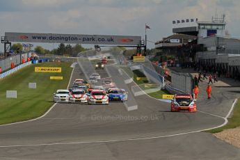 © Octane Photographic Ltd. BTCC - Round Two - Donington Park - Race 2. Sunday 15th April 2012. Matt Jackson leads the pack into Redgate in his Redstone racing Ford Focus. Digital ref : 0296lw7d4382