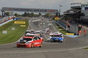 © Octane Photographic Ltd. BTCC - Round Two - Donington Park - Race 2. Sunday 15th April 2012. Matt Jackson leads the pack into Redgate in his Redstone racing Ford Focus. Digital ref : 0296lw7d4394