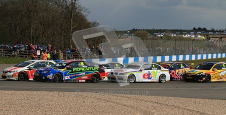 © Octane Photographic Ltd. BTCC - Round Two - Donington Park - Race 2. Sunday 15th April 2012. Matt Neal and Jason Plato side by side into Redgate. Digital ref : 0296lw7d4410