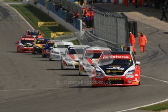 © Octane Photographic Ltd. BTCC - Round Two - Donington Park - Race 2. Sunday 15th April 2012. Mat Jackson holding his lead into Redgate in his Redstone Racing Ford Focus. Digital ref : 0296lw1d8171