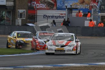 © Octane Photographic Ltd. BTCC - Round Two - Donington Park - Race 2. Sunday 15th April 2012. Matt Neal under intense pressure form Mat Jackson and Dave Newsham. Digital ref : 0296lw7d4892