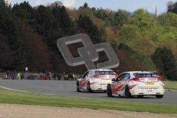 © Octane Photographic Ltd. BTCC - Round Two - Donington Park - Race 2. Sunday 15th April 2012. Gordon Shedden leads Matt Neal in their Honda Civics into Hollywood. Digital ref : 0296lw7d51100