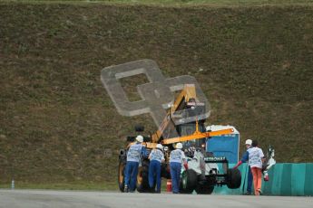 © 2012 Octane Photographic Ltd. Hungarian GP Hungaroring - Friday 27th July 2012 - F1 Practice 2. The Mercedes W03 of Michael Schumacher being recovered by a crane. Digital Ref : 0426lw1d5631