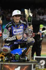 © Carl Jones/Octane Photographic Ltd. FIM FOGO British Speedway GP, Millennium Stadium, Cardiff, Saturday 25th August 2012. Chris Holder with his winner's trophey. Digital Ref : 0480cj7d0451