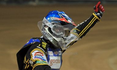 © Carl Jones/Octane Photographic Ltd. FIM FOGO British Speedway GP, Millennium Stadium, Cardiff, Saturday 25th August 2012. Hans Andersen salutes the crowd. Digital Ref : 0480cj7d9521