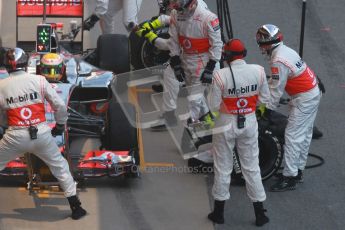 © 2012 Octane Photographic Ltd. Barcelona Winter Test 2 Day 2 - Friday 2nd March 2012. McLaren MP4/27 - Lewis Hamilton with Mclaren's new pitstop control system in action. Digital Ref :