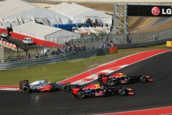 World © Octane Photographic Ltd. Formula 1 USA, Circuit of the Americas - Race - Red Bull RB8 of Sebastian Vettel and Mark Webber, Vodafone McLaren Mercedes MP4/27 - Lewis Hamilton. 18th November 2012 Digital Ref: 0561lw1d4160