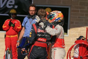 World © Octane Photographic Ltd. Formula 1 USA, Circuit of the Americas - Parc Ferme - Lewis Hamilton, Vodafone McLaren Mercedes and Sebastian Vettel - Red Bull. 18th November 2012 Digital Ref: 0561lw1d4618