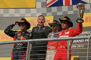 World © Octane Photographic Ltd. Formula 1 USA, Circuit of the Americas - Podium - Lewis Hamilton and Martin Whitmarsh (McLaren), Sebastian Vettel (Red Bull) and Fernando Alonso (Ferrari) on the podium. 18th November 2012 Digital Ref: 0561lw1d4999