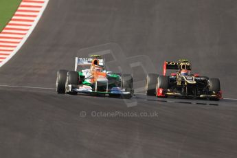 World © Octane Photographic Ltd. Formula 1 USA, Circuit of the Americas - Race 18th November 2012. Sahara Force India VJM05 of Nico Hulkenberg and Lotus E20 of Romain Grosjean. Digital Ref: 0561lw7d3871