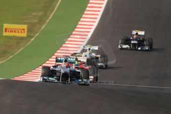 World © Octane Photographic Ltd. Formula 1 USA, Circuit of the Americas - Race. Michael Schumacher leads his local group of Felipe Massa (Ferrari), Nico Hulkenberg (Sahara Force India) and Bruno Senna (Williams) in his Mercedes F1 W03. 18th November 2012 Digital Ref: 0561lw7d3878