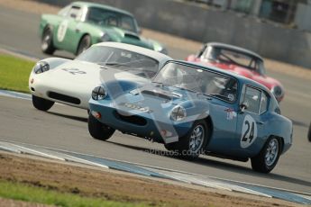 © Octane Photographic Ltd. 2012 Donington Historic Festival. Pre-63 GT, qualifying. Elva Courier - Marton Greaves, Steve Smith and Porsche Carrera Abarth - Bill Wykeham, Neil Tolich. Digital Ref : 0322cb1d9284