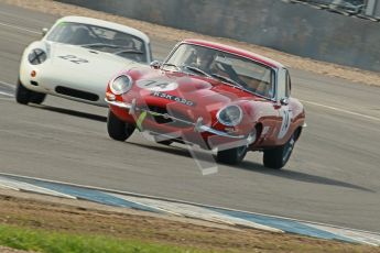 © Octane Photographic Ltd. 2012 Donington Historic Festival. Pre-63 GT, qualifying. Jaguar E-type - Chris Phillips and Porsche Carrera Abarth - Bill Wykeham, Neil Tolich. Digital Ref : 0322cb1d9403