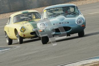 © Octane Photographic Ltd. 2012 Donington Historic Festival. Pre-63 GT, qualifying. Jaguar E-type - Per Jonsson and Lotus Elite - Pal Garside, Philip Weston. Digital Ref : 0322cb1d9429