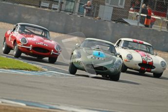 © Octane Photographic Ltd. 2012 Donington Historic Festival. Pre-63 GT, qualifying. Aston Marton DP212 - Wolfgang Friedrichs, David Clark,Jaguar E-type - Jon Minshaw, Guy Minshaw and Jaguar E-type - McCaig, Wood. Digital Ref : 0322cb1d9549