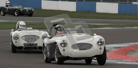 © Octane Photographic Ltd. 2012 Donington Historic Festival. RAC Woodcote Trophy for pre-56 sportscars, qualifying. Austin-Healey 100S - Ian Montgomery/Robert Mills and Austin-Healey 100M - Nils-Fredrik Nyblaeus. Digital Ref : 0316lw7d8222