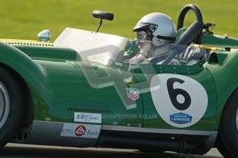© Octane Photographic Ltd. 2012 Donington Historic Festival. Stirling Moss Trophy for pre-61 sportscars, qualifying. Lister Chrevrolet - Mark Gibbon/James Gibbon. Digital Ref : 0321cb1d9116