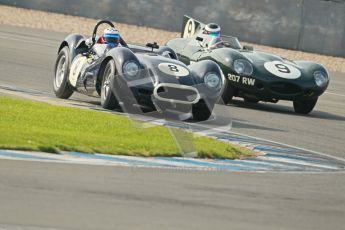 © Octane Photographic Ltd. 2012 Donington Historic Festival. Stirling Moss Trophy for pre-61 sportscars, qualifying. Lister Knobbly - Tony Wood, Barry Cannell and Jaguar D-type, Benjamin Eastick. Digital Ref : 0321cb1d9136