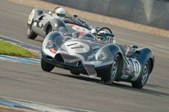 © Octane Photographic Ltd. 2012 Donington Historic Festival. Stirling Moss Trophy for pre-61 sportscars, qualifying. Lister Jaguar Knobbly - Derek Hood, John Young. Digital Ref : 0321cb1d9150