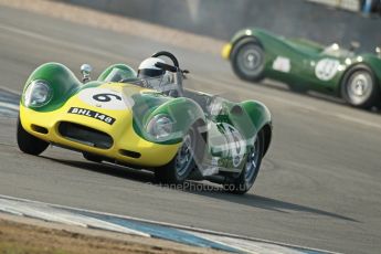 © Octane Photographic Ltd. 2012 Donington Historic Festival. Stirling Moss Trophy for pre-61 sportscars, qualifying. Lister Chrevrolet - Mark Gibbon/James Gibbon. Digital Ref : 0321cb1d9188