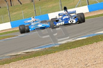 © Octane Photographic Ltd. Donington Park un-silenced general test day, 26th April 2012. John Delane, ex-Jackie Stewart Tyrrell 006 leads Matra MS120 - Historic F1 Championship - Rob Hall. Digital Ref : 0301cb7d8123