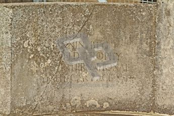 © Octane Photographic Ltd. Donington Park un-silenced general test day, 26th April 2012. Pat Fairfield memorial fountain inscription "1935 Mannin Beg, Nuffield Trophy, Dieppe International Light Car Race". Digital Ref : 0301cb7d8343