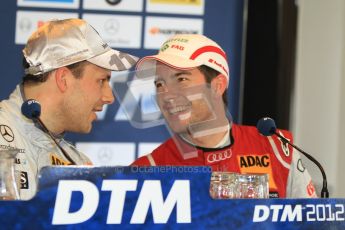 © Octane Photographic Ltd. 2012. DTM – Brands Hatch - Post-race press conference. Sunday 20th May 2012. Gary Paffett - AMG C-Coupe - Thomas Sabo Mercedes AMG and Mike Rockenfeller - Audi A5 DTM - Audi Sport Team Phoenix. Digital Ref : 0346cb7d7311