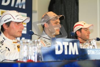 © Octane Photographic Ltd. 2012. DTM – Brands Hatch - Post-race press conference. Sunday 20th May 2012. Bruno Spengler - BMW M3 DTM - BMW Team Schnitzer, Gary Paffett - AMG C-Coupe - Thomas Sabo Mercedes AMG and Mike Rockenfeller - Audi A5 DTM - Audi Sport Team Phoenix. Digital Ref : 0346cb7d7317