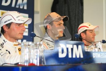 © Octane Photographic Ltd. 2012. DTM – Brands Hatch - Post-race press conference. Sunday 20th May 2012.  Bruno Spengler - BMW M3 DTM - BMW Team Schnitzer, Gary Paffett - AMG C-Coupe - Thomas Sabo Mercedes AMG and Mike Rockenfeller - Audi A5 DTM - Audi Sport Team Phoenix. Digital Ref : 0346cb7d7317