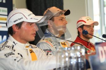 © Octane Photographic Ltd. 2012. DTM – Brands Hatch - Post-race press conference. Sunday 20th May 2012. Bruno Spengler - BMW M3 DTM - BMW Team Schnitzer, Gary Paffett - AMG C-Coupe - Thomas Sabo Mercedes AMG and Mike Rockenfeller - Audi A5 DTM - Audi Sport Team Phoenix. Digital Ref : 0346cb7d7319
