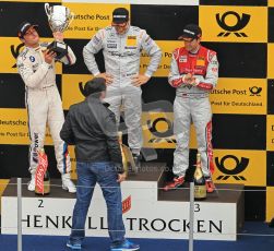© Octane Photographic Ltd. 2012. DTM – Brands Hatch - Race Poduim. Sunday 20th May 2012. Gary Paffett, Bruno Spengler, Mike Rockenfeller celebrate on the Brands Hatch Poduim Digital Ref :