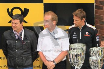 © Octane Photographic Ltd. 2012. DTM – Brands Hatch - Race. Sunday 20th May 2012. Mark Blundell, Jonathan Palmer and Jenson Button ready to hand out the trophies. Digital Ref :