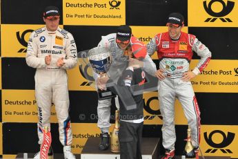 © Octane Photographic Ltd. 2012. DTM – Brands Hatch - Race. Sunday 20th May 2012. Gary Paffett receives his trophey fron Jenson Button - Mercedes AMG C-Coupe - Thomas Sabo Mercedes AMG, Bruno Spengler - BMW M3 DTM - BMW Team Schnitzer and Mike Rockenfeller - Audi A5 DTM - Audi Sport Team Phoenix. Digital Ref :