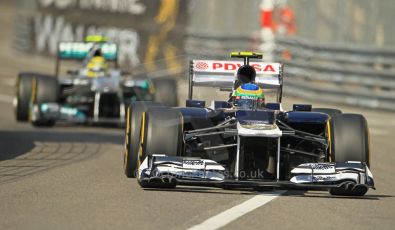 © Octane Photographic Ltd. 2012.  F1 Monte Carlo - Practice 1. Thursday  24th May 2012. Bruno Senna - Williams and Nico Rosberg - Mercedes. Digital Ref : 0350cb1d0165