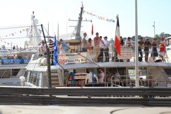 © Octane Photographic Ltd. 2012. F1 Monte Carlo - Practice 1. Thursday 24th May 2012. "McLaren Mercedes - You float my boat" banner on a yacht moored in Monaco. Digital Ref : 0350cb7d7341